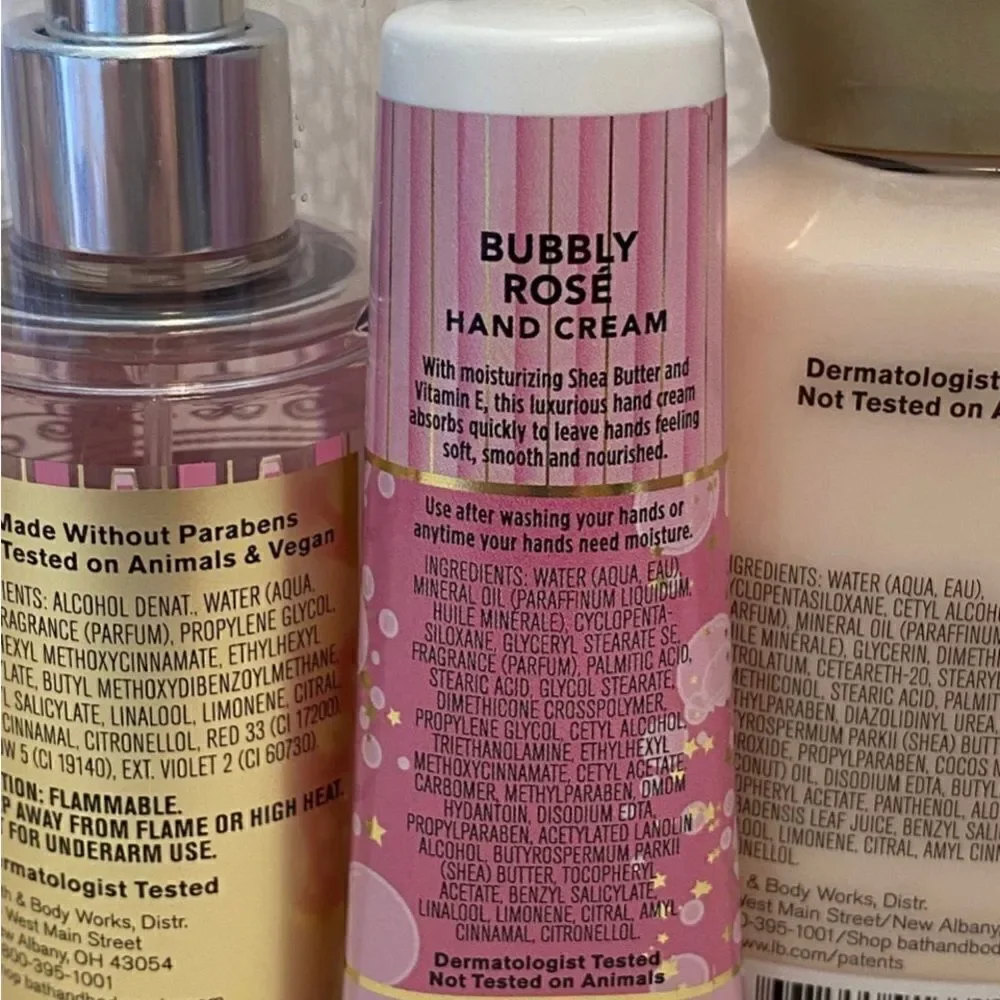 Bath and Body Works Doggie Cosmetic Bag and BUBBLY ROSE Travel Size 4 Piece Set